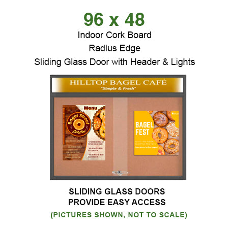 96 x 48 Indoor Bulletin Cork Boards with Personalized Header & Lights (RADIUS EDGE) (3 Sliding Glass Doors)