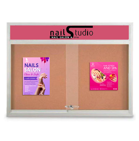 Indoor Bulletin Cork Boards 48" x 36" with 2 Sliding Glass Doors and Personalized Message Header