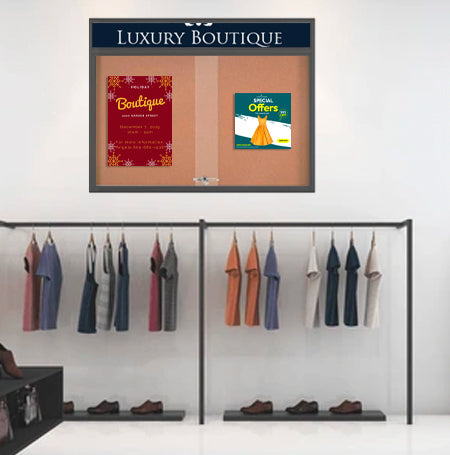 Indoor Bulletin Cork Board 50x40 with Your Personalized Message Header + Metal Display Case with Two Sliding Glass Doors