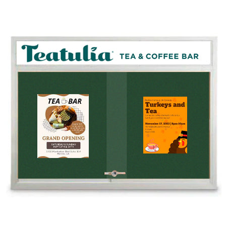 Indoor Enclosed Bulletin Cork Boards 60x48 with Personalized Message Header and 2 Sliding Glass Doors