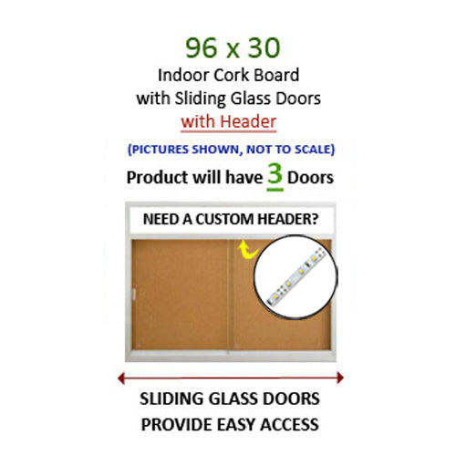 Indoor 96 x 30 Bulletin Cork Boards with Personalized Header & Lights (3 Sliding Glass Doors)