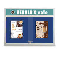 Indoor 60 x 48 Bulletin Cork Boards with Personalized Header & Lights (2 Sliding Glass Doors)