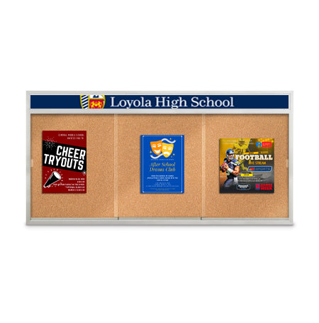 Indoor 84 x 24 Bulletin Cork Boards with Personalized Header & Lights (3 Sliding Glass Doors)
