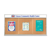 Indoor 84 x 30 Bulletin Cork Boards with Personalized Header & Lights (3 Sliding Glass Doors)