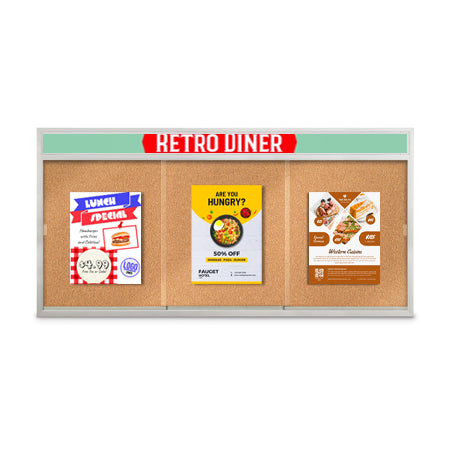 Indoor 84 x 36 Bulletin Cork Boards with Personalized Header & Lights (3 Sliding Glass Doors)
