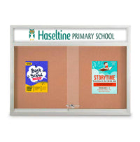 Indoor 84 x 48 Bulletin Cork Boards with Personalized Header & Lights (3 Sliding Glass Doors)