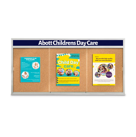 Indoor 96 x 36 Bulletin Cork Boards with Personalized Header & Lights (3 Sliding Glass Doors)
