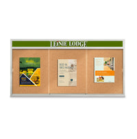 Indoor 96 x 48 Bulletin Cork Boards with Personalized Header & Lights (3 Sliding Glass Doors)