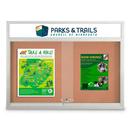 Indoor Bulletin Boards Display Cases with Personalized Header | with 2-3 Sliding Glass Doors 25 Sizes