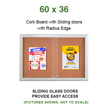 Indoor Enclosed Bulletin Cork Boards 60 x 36 with Sliding Glass Doors + Radius Edge Metal Cabinet Corners
