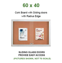 Indoor Enclosed Bulletin Cork Boards 60 x 40 with Sliding Glass Doors (with RADIUS EDGE)
