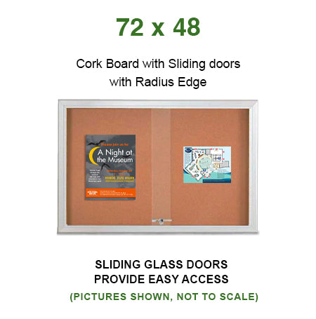 Indoor Enclosed Bulletin Cork Boards 72 x 48 with Sliding Glass Doors and RADIUS EDGE Cabinet Corners
