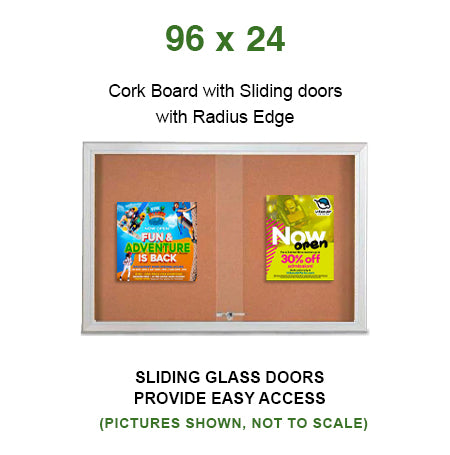 Indoor Enclosed Bulletin Cork Boards 96 x 24 with Sliding Glass Doors (with RADIUS EDGE)