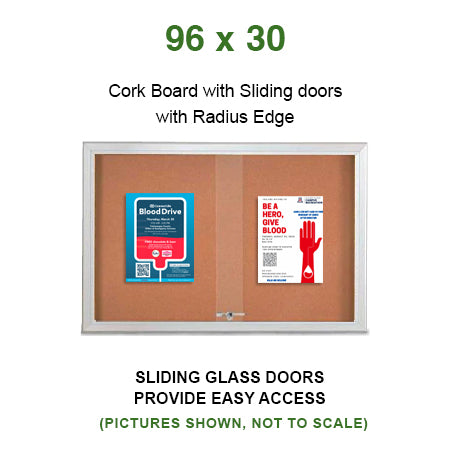 Indoor Enclosed Bulletin Cork Boards 96 x 30 with Sliding Glass Doors (with RADIUS EDGE)