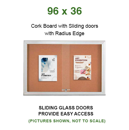 Indoor Enclosed Bulletin Cork Boards 96 x 36 with Sliding Glass Doors (with RADIUS EDGE)