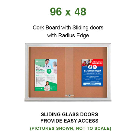 Indoor Enclosed Bulletin Cork Boards 96 x 48 with Sliding Glass Doors (with RADIUS EDGE)