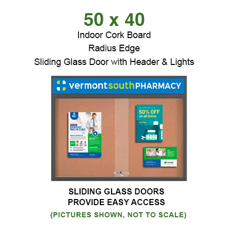 Indoor Bulletin Cork Boards 50x40 with Personalized Header (RADIUS EDGE) (Sliding Glass Doors)