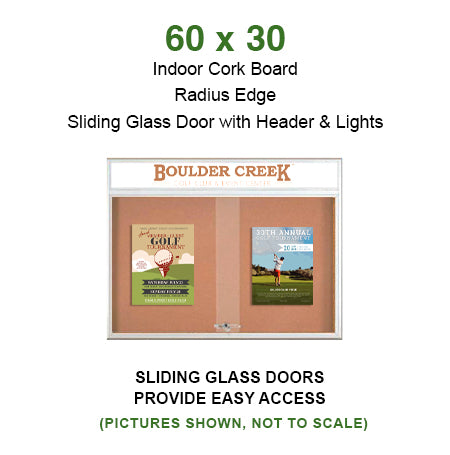 Indoor Bulletin Cork Boards 60x30 with Personalized Header (RADIUS EDGE) (Sliding Glass Doors)