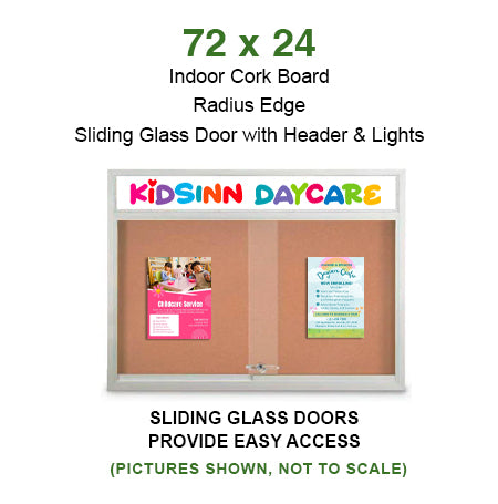 Indoor Bulletin Cork Boards 72x24 with Personalized Header (RADIUS EDGE) (Sliding Glass Doors)
