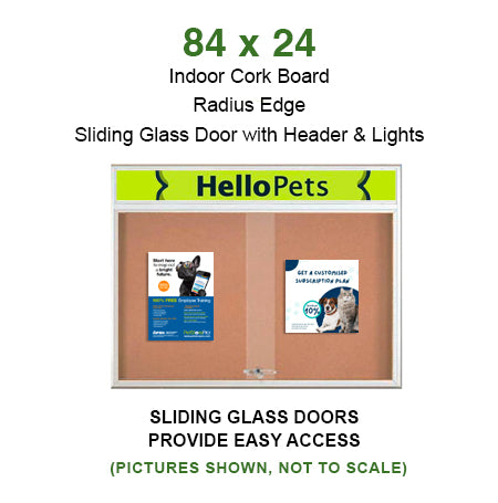 Indoor Bulletin Cork Boards 84x24 with Personalized Header (RADIUS EDGE) (Sliding Glass Doors)