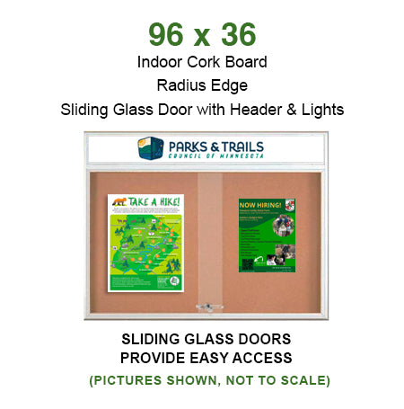 Indoor Bulletin Cork Boards 96x36 with Personalized Header (RADIUS EDGE) (Sliding Glass Doors)