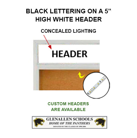 72 x 36 Indoor Bulletin Cork Boards with Personalized Header & Lights (RADIUS EDGE) (2 Sliding Glass Doors)