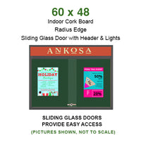60 x 48 Indoor Bulletin Cork Boards with Personalized Header & Lights (RADIUS EDGE) (2 Sliding Glass Doors)