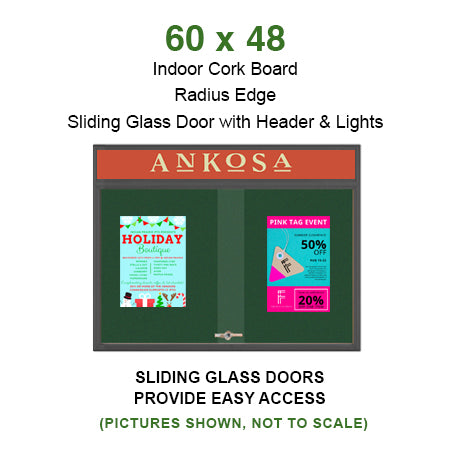 60 x 48 Indoor Bulletin Cork Boards with Personalized Header & Lights (RADIUS EDGE) (2 Sliding Glass Doors)