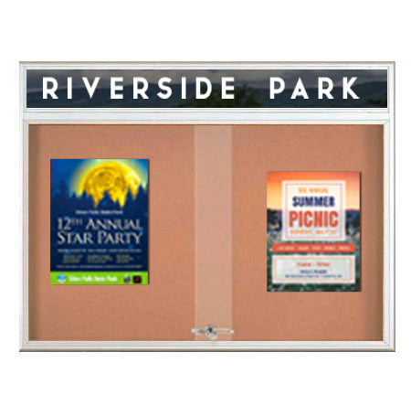 84 x 48 Indoor Bulletin Cork Boards with Personalized Header & Lights (RADIUS EDGE) (3 Sliding Glass Doors)
