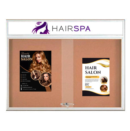 Indoor Sliding Glass Doors Bulletin Boards + Personalized Message Header + RADIUS EDGE Cabinet Corners