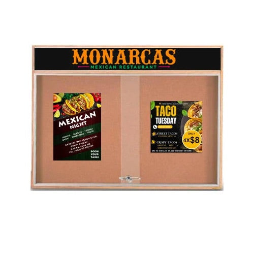 72 x 24 Indoor Enclosed Wood Bulletin Boards with Sliding Glass Doors and Message Header
