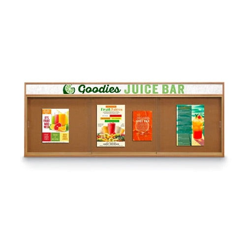 84 x 24 Indoor Enclosed Wood Bulletin Boards with Sliding Glass Doors and Message Header