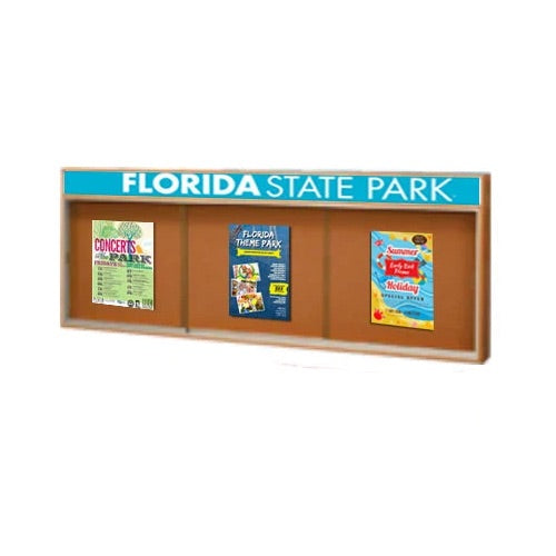 84 x 48 Indoor Enclosed Wood Bulletin Boards with Sliding Glass Doors and Message Header