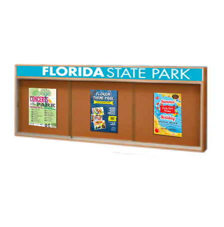 84 x 48 Indoor Enclosed Wood Bulletin Boards with Sliding Glass Doors and Message Header