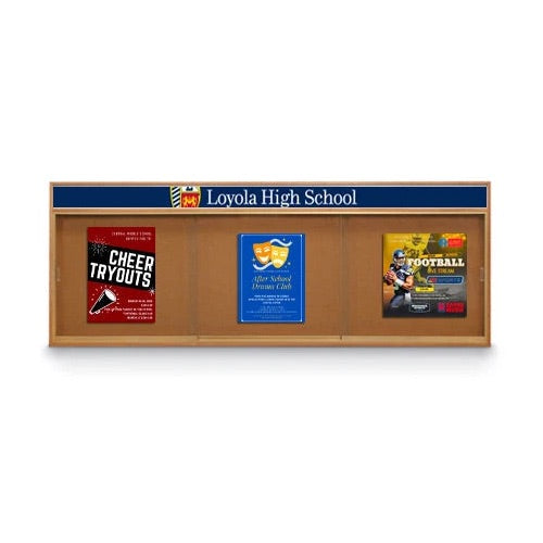 96 x 30 Indoor Enclosed Wood Bulletin Boards with Sliding Glass Doors and Message Header