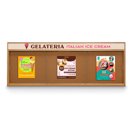 96 x 48 Indoor Enclosed Wood Bulletin Boards with Sliding Glass Doors and Message Header