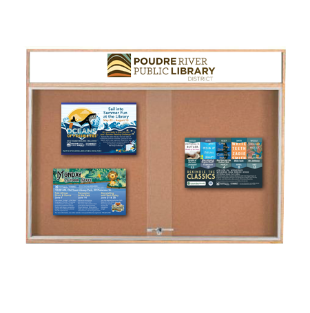 40x40 Indoor Enclosed Wood Enclosed Bulletin Boards with Sliding Glass Doors Header + Lights