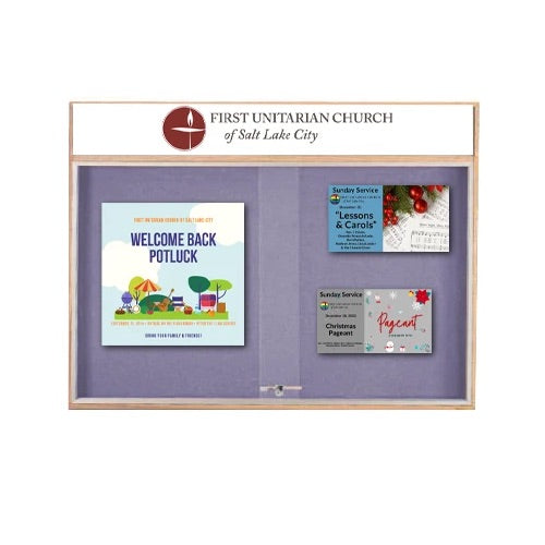 48x36 Indoor Enclosed Wood Enclosed Bulletin Boards with Sliding Glass Doors Header + Lights