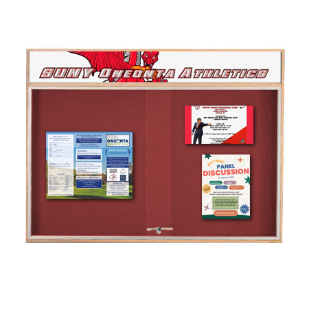 60x24 Indoor Enclosed Wood Enclosed Bulletin Boards with Sliding Glass Doors Header + Lights