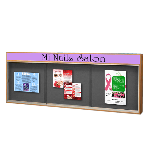 84x48 Indoor Enclosed Wood Enclosed Bulletin Boards with Sliding Glass Doors Header + Lights