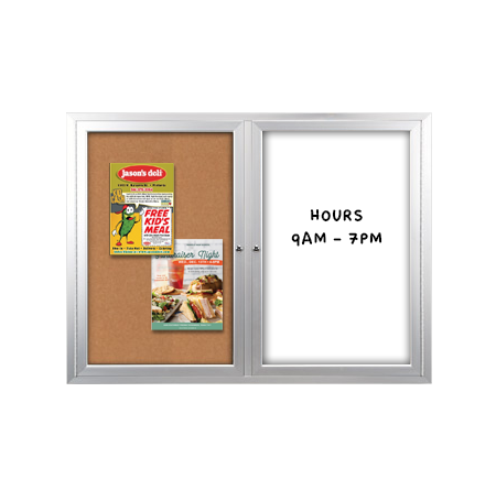 Enclosed 2-Door INDOOR Combo Board 42x32 | Cork Bulletin Board & Dry Erase Marker Board