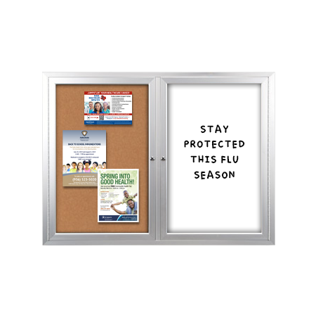 Enclosed 2-Door INDOOR Combo Board 48x36 | Cork Bulletin Board & Dry Erase Marker Board