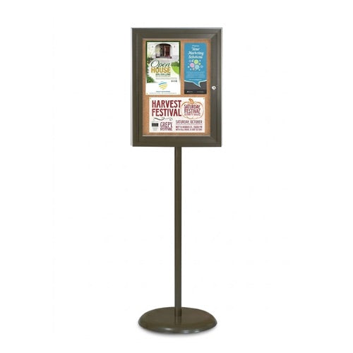 Floor Standing Enclosed Bulletin Board 18 x 24 | Pedestal Stand with Locking Display Case in Bronze Finish