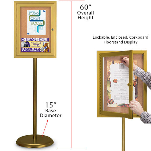 Gold Enclosed 18x24 Bulletin Board Floorstand. Perfect for any INDOOR use in your restaurant, mall, lobby, office building, school, etc.