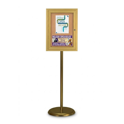 Indoor Enclosed Bulletin Board Floorstand 18 x 24 | Single Locking Door, Gold
