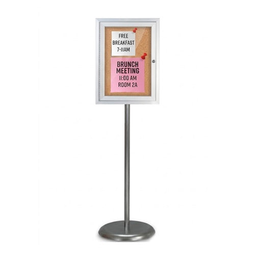Indoor Enclosed Bulletin Board Floor Stand 18 x 24 | Pedestal Stand with Locking Display Case in Silver Finish