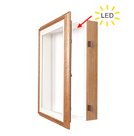 SwingFrame Designer Oak Wood Wall Lighted Display Case 4" Deep