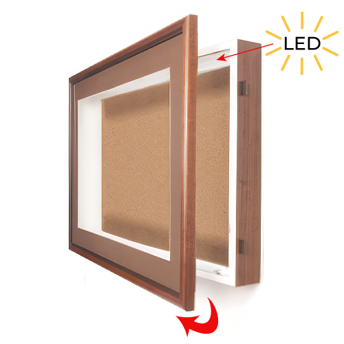 22x28 SwingFrame Designer Wood Framed Lighted Cork Board Display Case 1 Inch Deep