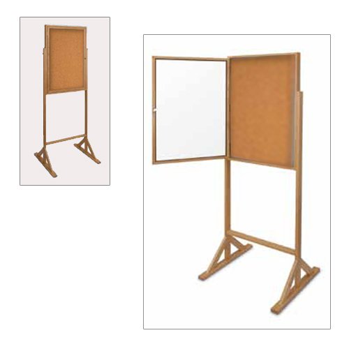 ENCLOSED DOUBLE PEDESTAL 24 x 36 CORK BOARD WOODEN OAK FLOOR SIGN STAND