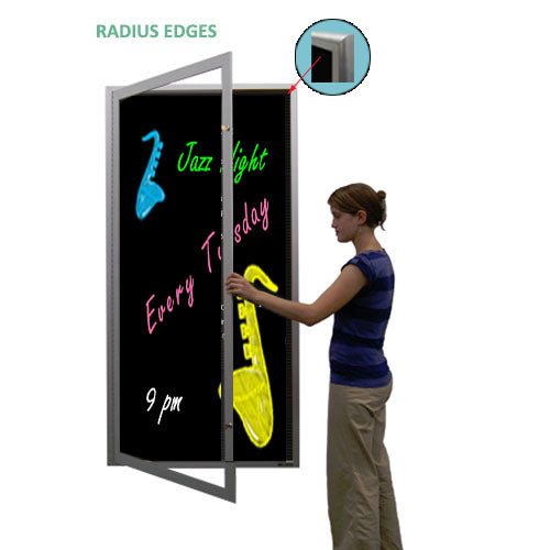 XL Indoor Enclosed Dry Erase Markerboard with Radius Edge and Lights - Black Porcelain Steel